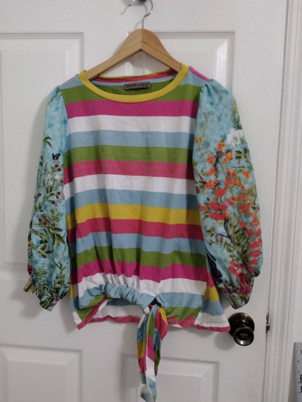 Sharon Young Colorful Stripe Floral Sleeve Tie Front Top Women’s L/XL Boho - Picture 4 of 8